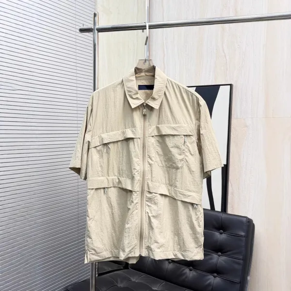 Design Utility Short-Sleeve Zip-Up Shirt Beige Tops Shirt - 1