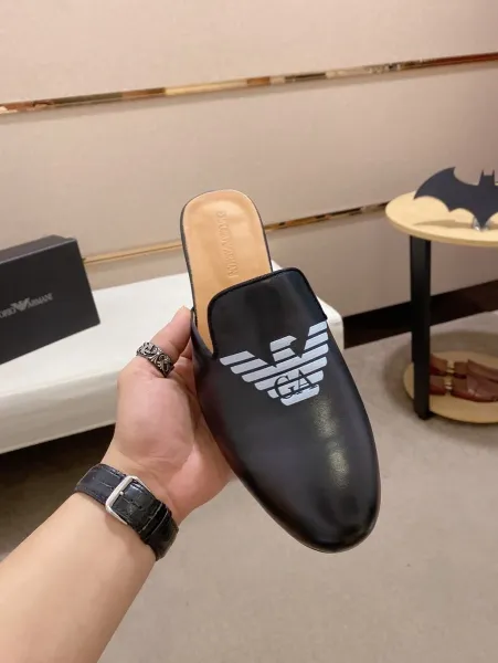 Giorgio Armani Eagle Logo Black Leather Mule Slippers - 1