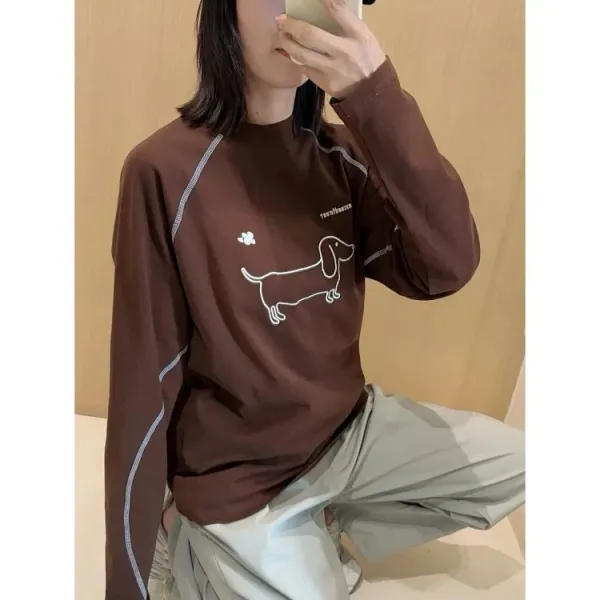 Design Dachshund Print Long-Sleeve Tee Gray T-Shirts - 14