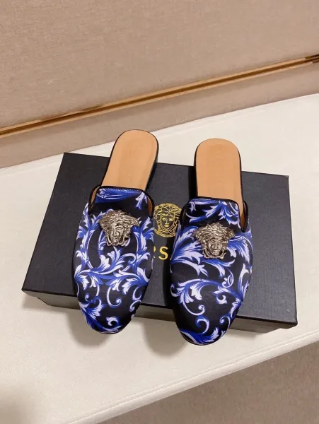 Versace Barocco Print Medusa Loafer Mule Navy Gold Shoes - 5