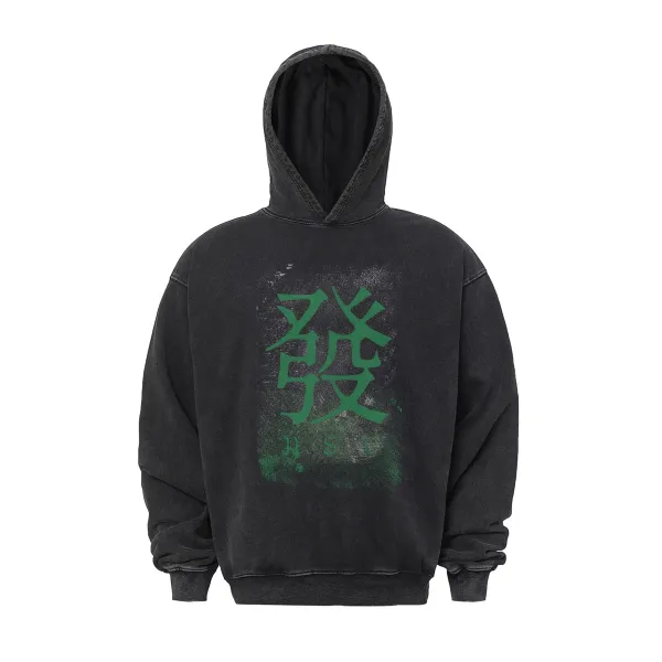 Design Hoodie with Green Kanji Print Black Washed - 1