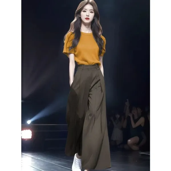 Design Knit Short-Sleeve Top in Lime Yellow and High-Waisted Wide-Leg Pants in Black Clothing - 5