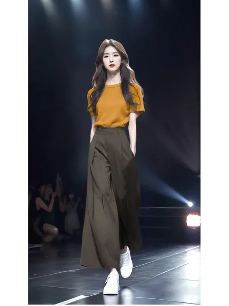 Design Knit Short-Sleeve Top in Lime Yellow and High-Waisted Wide-Leg Pants in Black Clothing - 6
