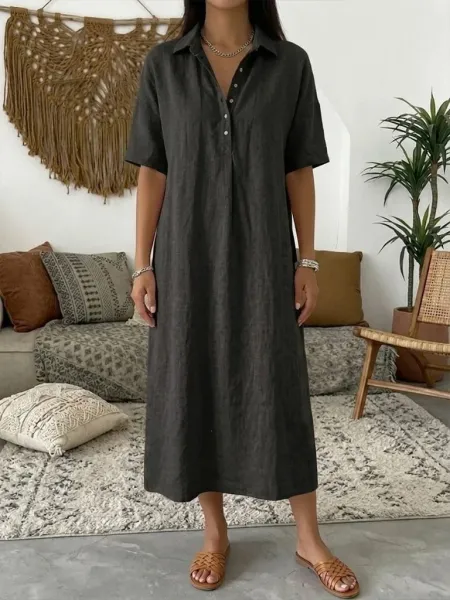 Design Linen Shirt Dress Beige Casual Dress - 9