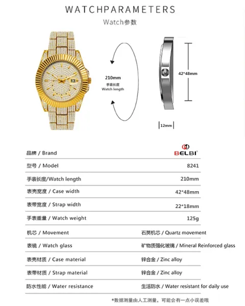 Design BELBI Luxury Iced-Out Gold Watch with Full Crystal Dial and Bracelet Watches - 11