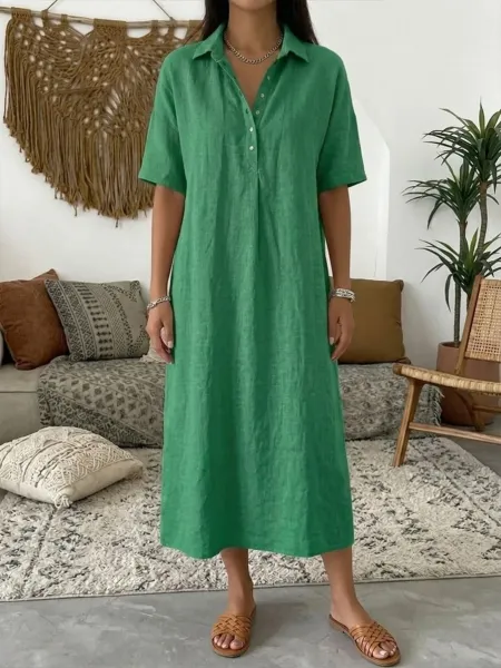 Design Linen Shirt Dress Beige Casual Dress - 13