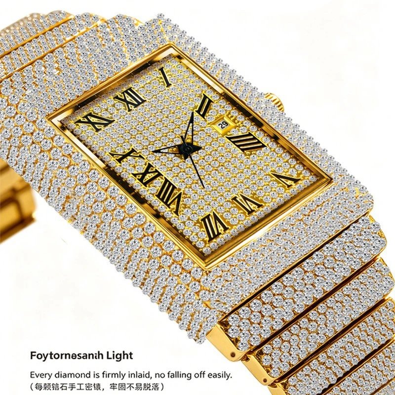 Luxury Rectangular Silver Tone Full Diamond Pave Watch