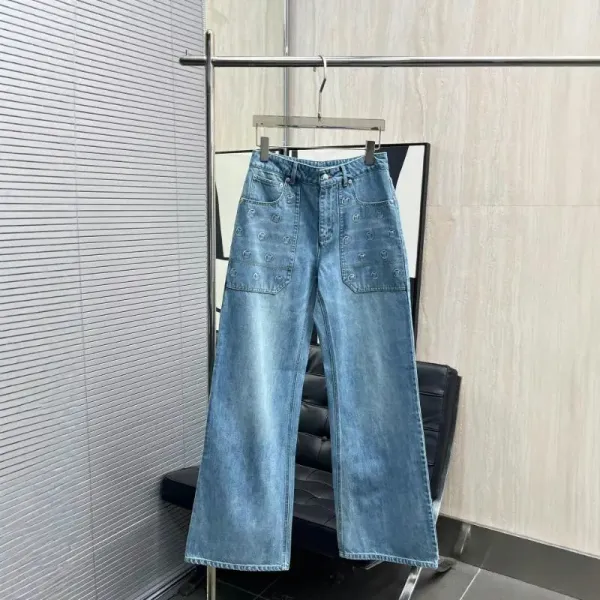 Design Embroidered Patchwork Wide-Leg Jeans Blue - 1