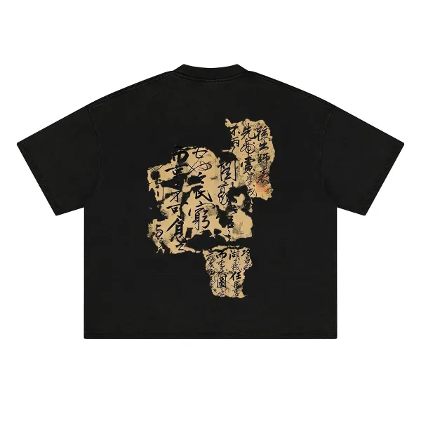 Design Long Sleeve Graphic Tee Black Washed Denim T-Shirt - 20