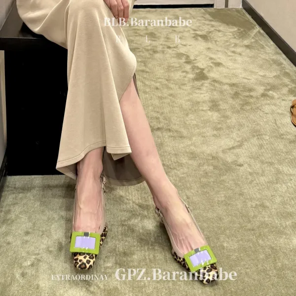 Design Leopard Print Slingback Block Heel with Lime Green Buckle Shoes - 14