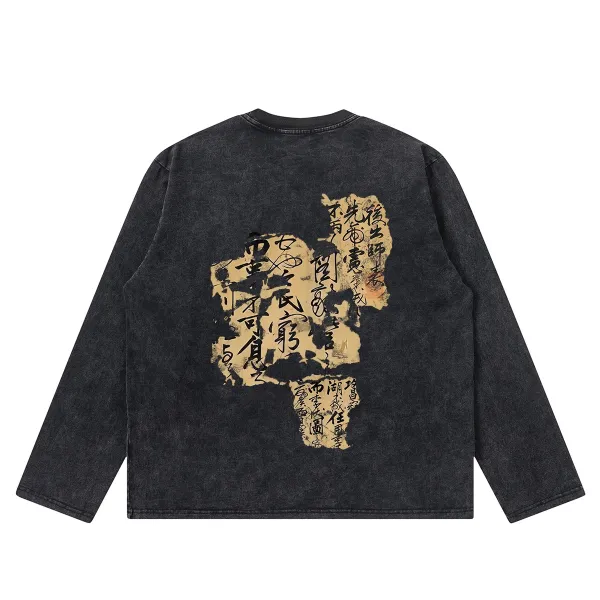 Design Long Sleeve Graphic Tee Black Washed Denim T-Shirt - 1