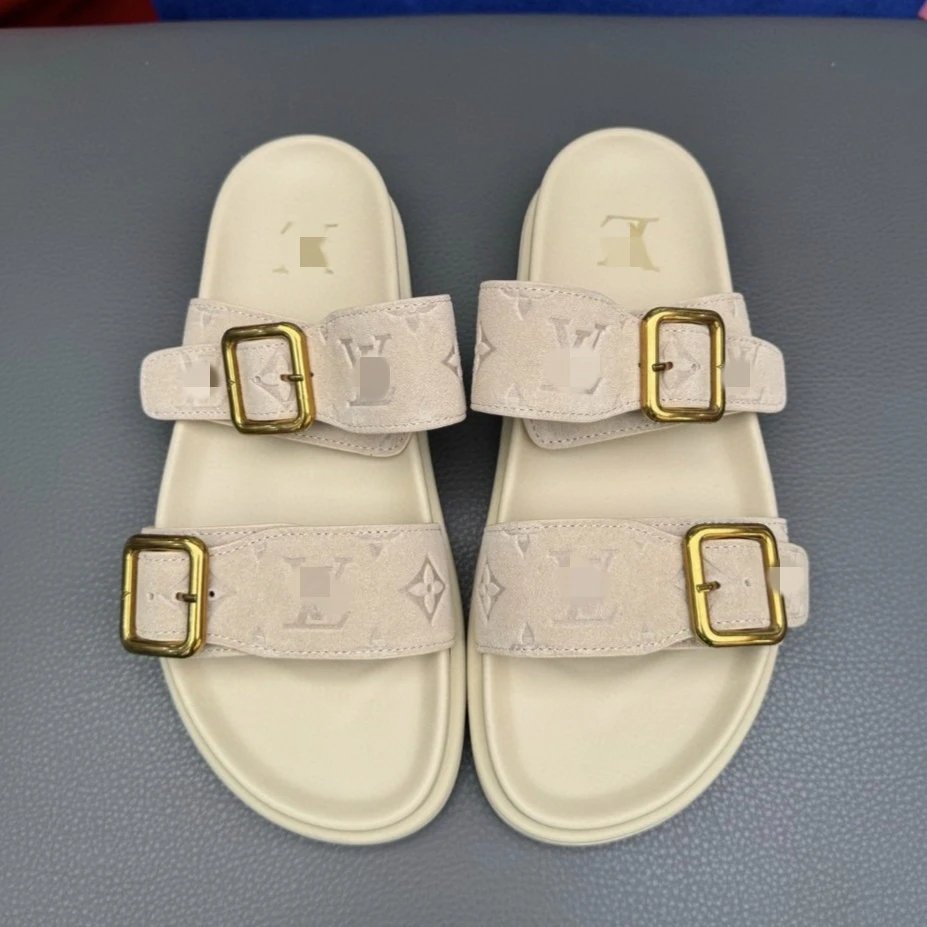 Louis Vuitton Monogram Suede Slide Sandals Beige Slippers