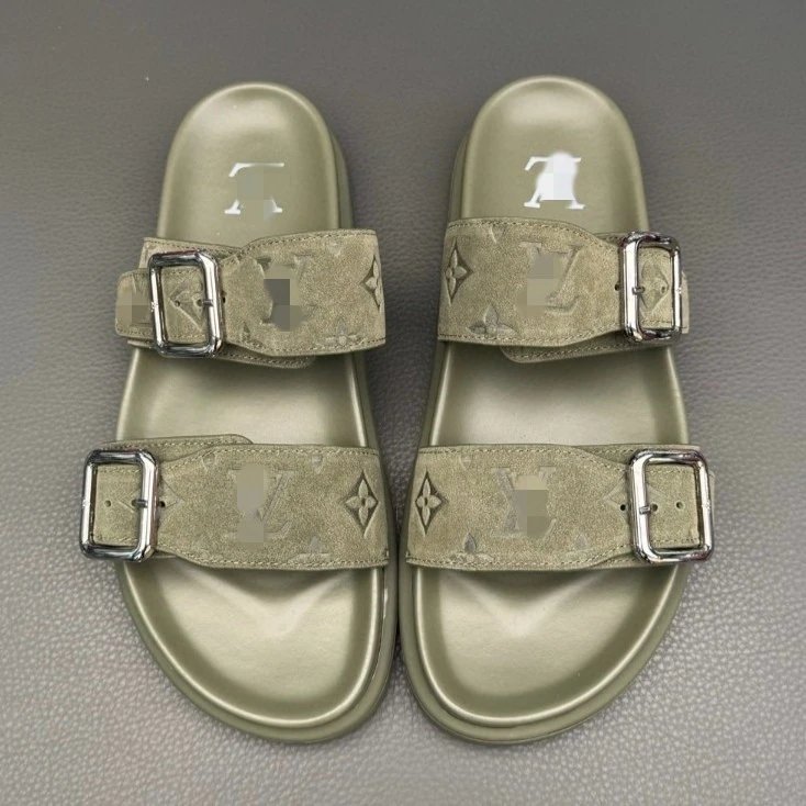 Louis Vuitton Monogram Suede Double Strap Slide Sandals Olive Green