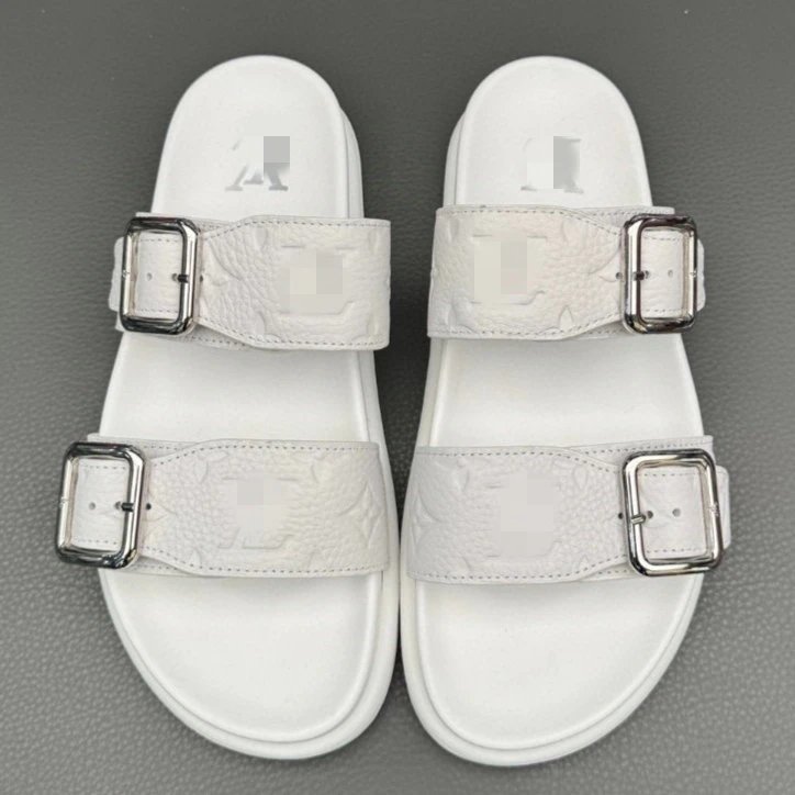 Louis Vuitton White Monogram Leather Double-Buckle Slide Sandals Slippers