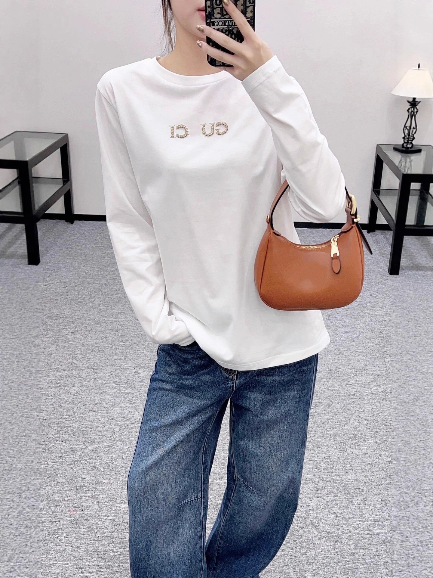 White Long Sleeve T-Shirt with Gold Embroidered Logo Casual Top