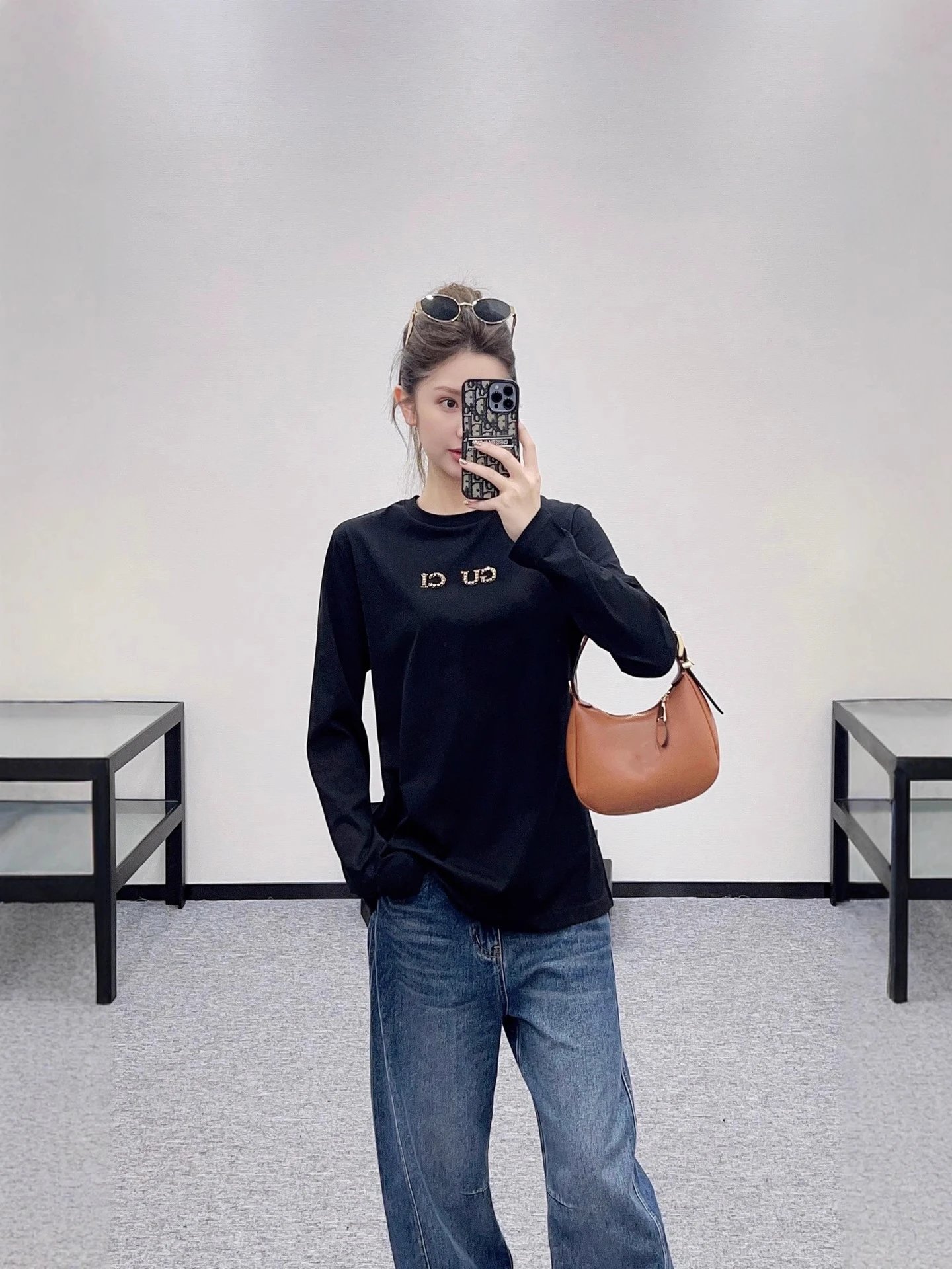 White Long Sleeve T-Shirt with Gold Embroidered Logo Casual Top