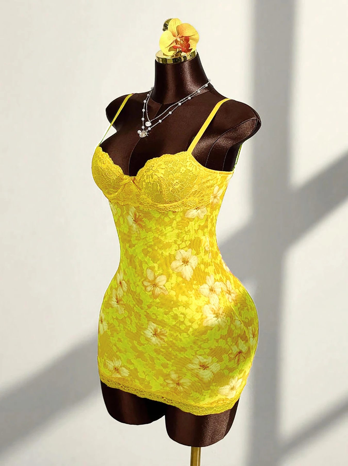 Design Leopard Print Lace Trim Bodysuit Yellow Underwear - 26