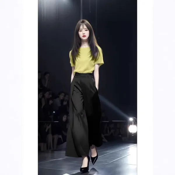Design Knit Short-Sleeve Top in Lime Yellow and High-Waisted Wide-Leg Pants in Black Clothing - 13