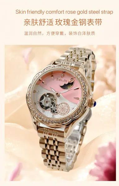 Design BELBI Moon Phase Mechanical Watch Rose Gold Watches - 5