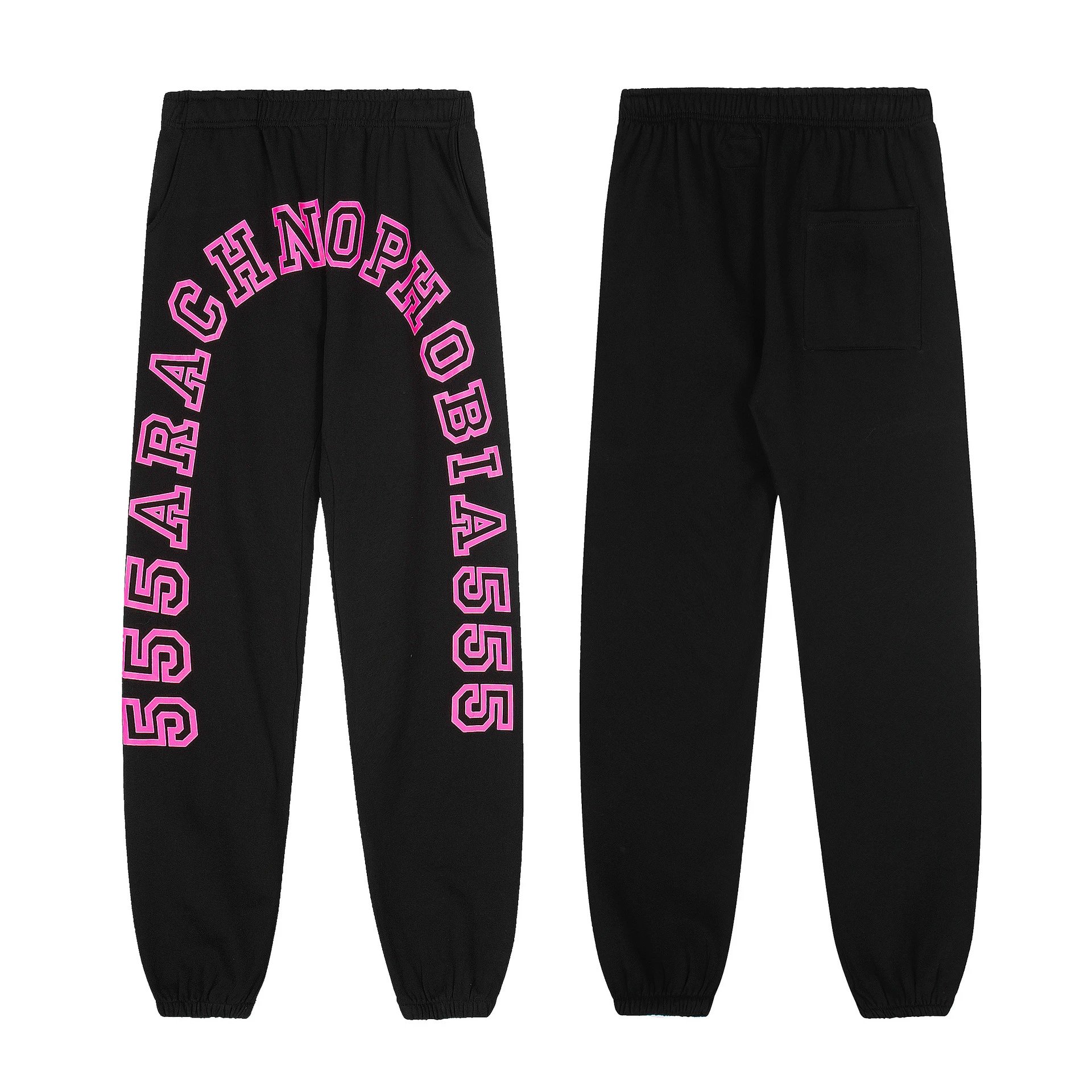 Black Hooded Sweatshirt and Jogger Set with Pink Embroidered Text