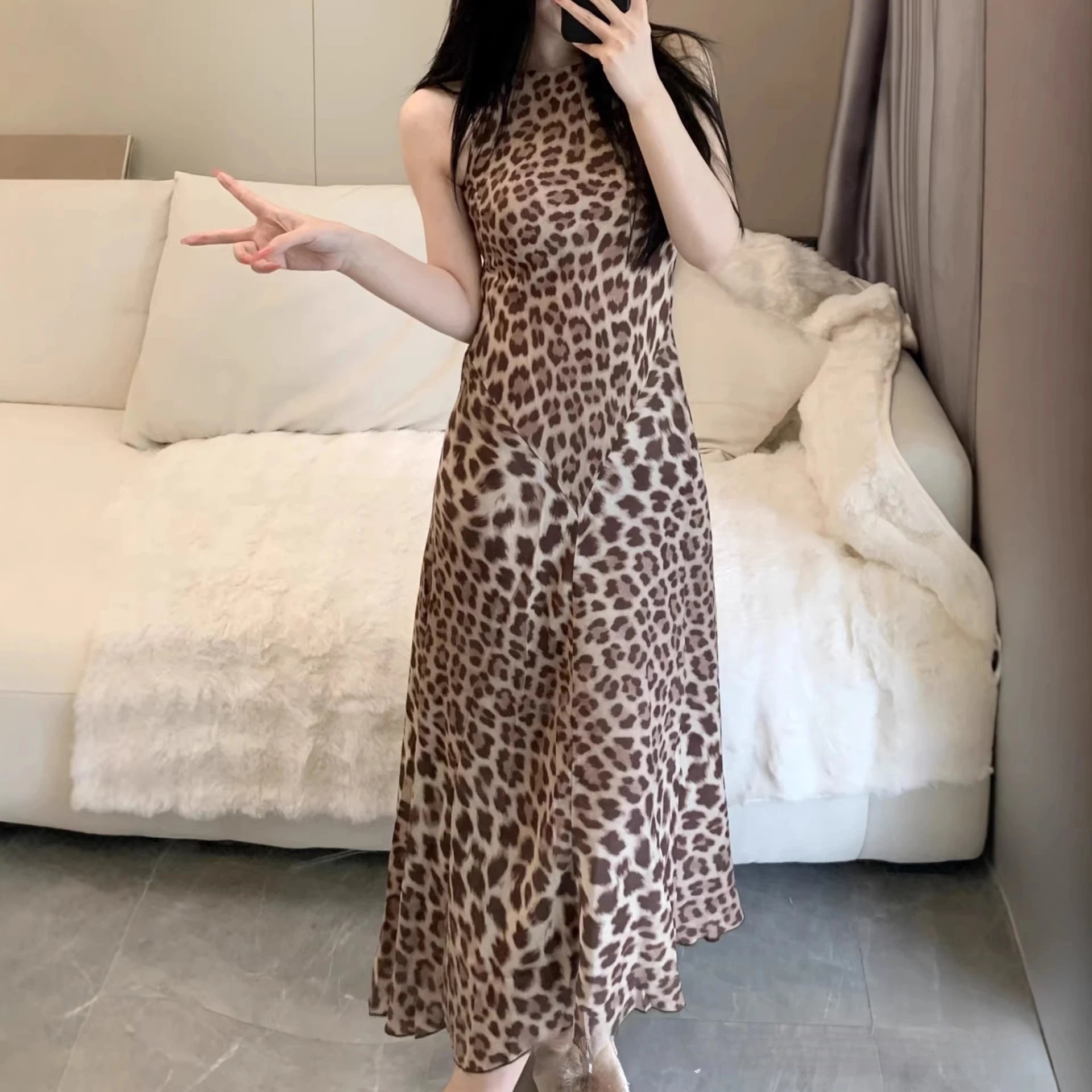 Design Leopard Print Slip Dress Beige Brown Women's Maxi Dress - 5