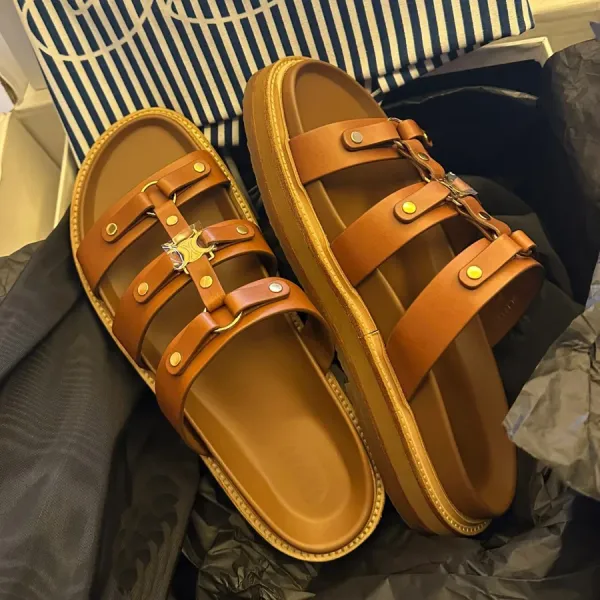 Celine Triomphe Slide Sandals Black and Tan Leather Slippers - 11