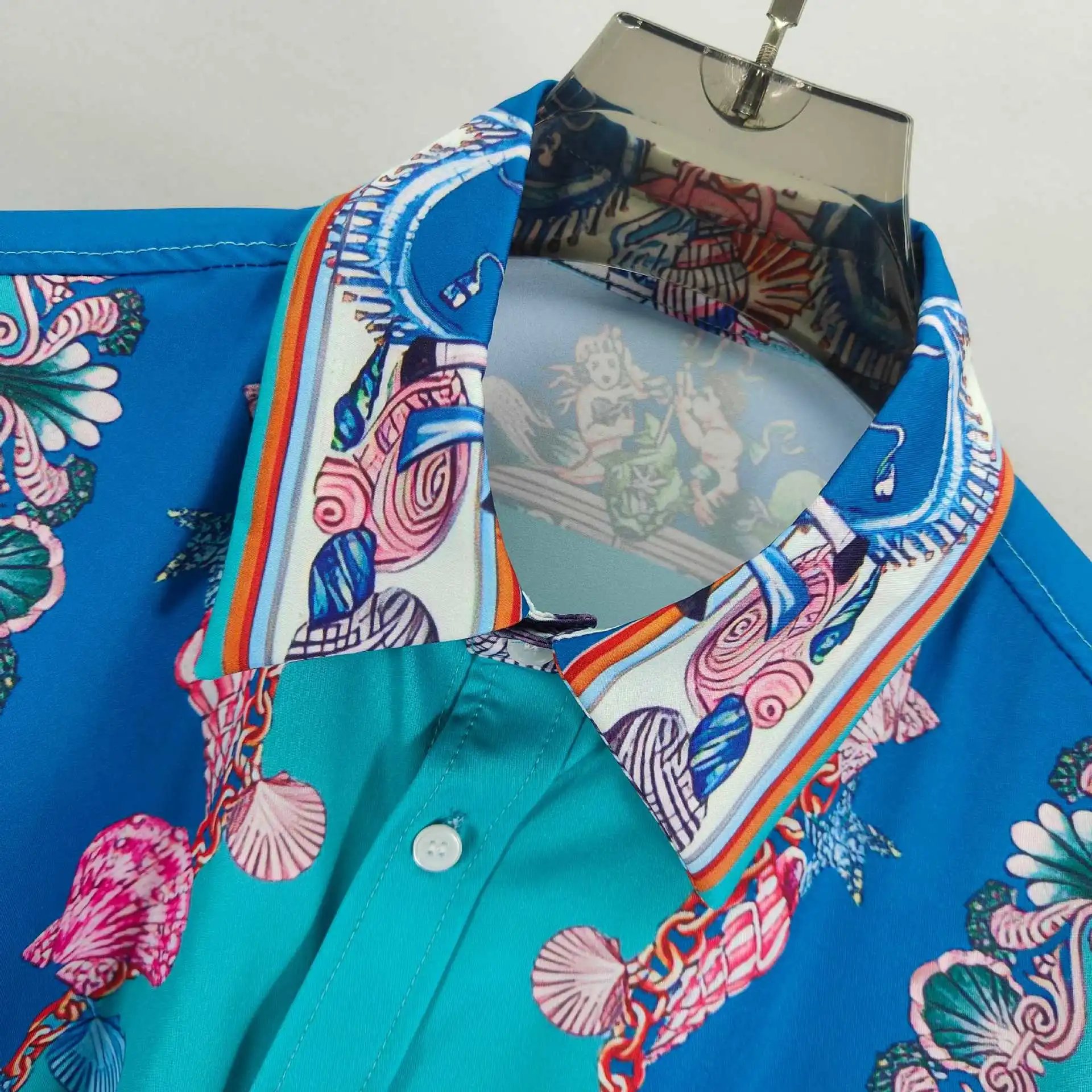 Versace Baroque Print Silk Shirt and Shorts Set Turquoise Multicolor - 4