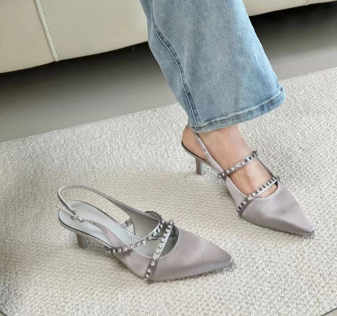Design Slingback Mary Jane Heels with Crystal Straps Dusty Pink Heels - 7