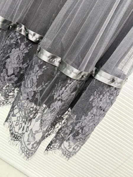 Chanel Pleated Tulle Lace Skirt Black - 7