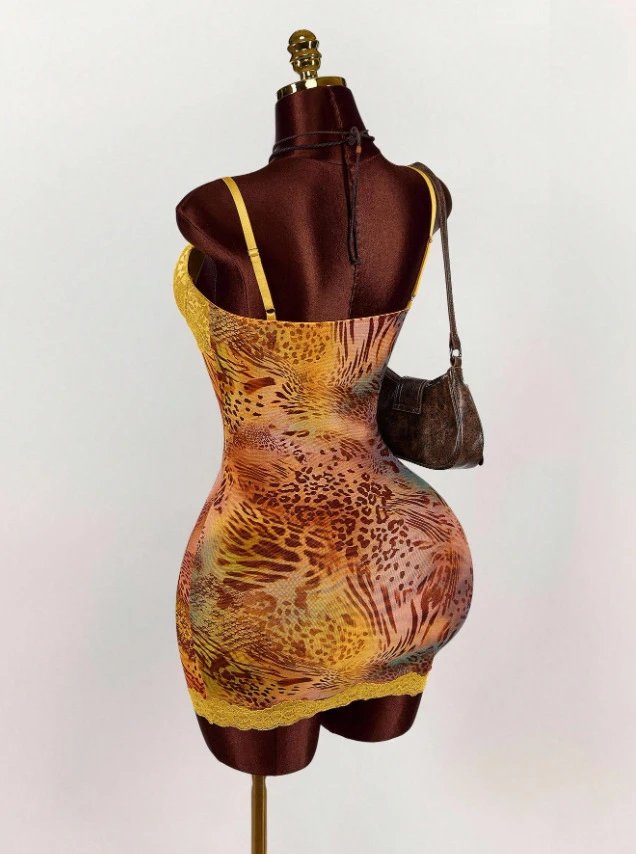 Design Leopard Print Lace Trim Bodysuit Yellow Underwear - 43