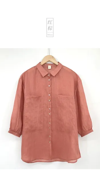 Design Linen Blend Button-Up Shirt Terracotta Tops Shirt - 9
