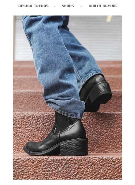 Design Chelsea Boots Black Leather Chunky Heel Boots - 4