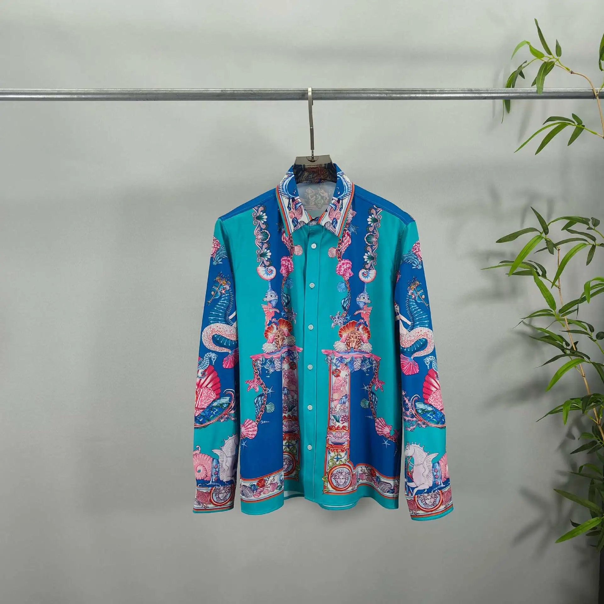 Versace Baroque Print Silk Shirt and Shorts Set Turquoise Multicolor - 2