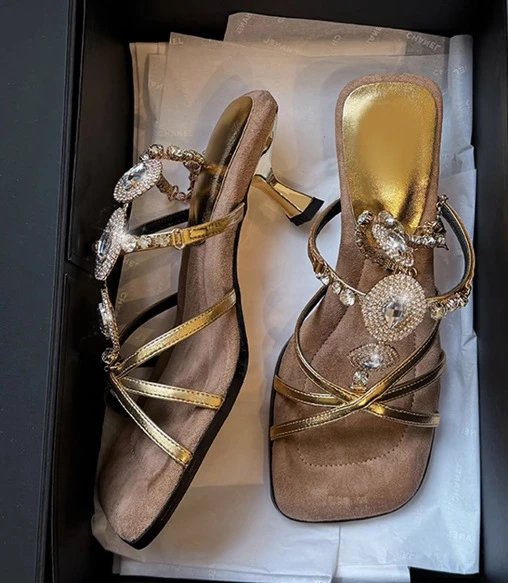 Design Crystal-Embellished Gold Strappy Mules Sandals