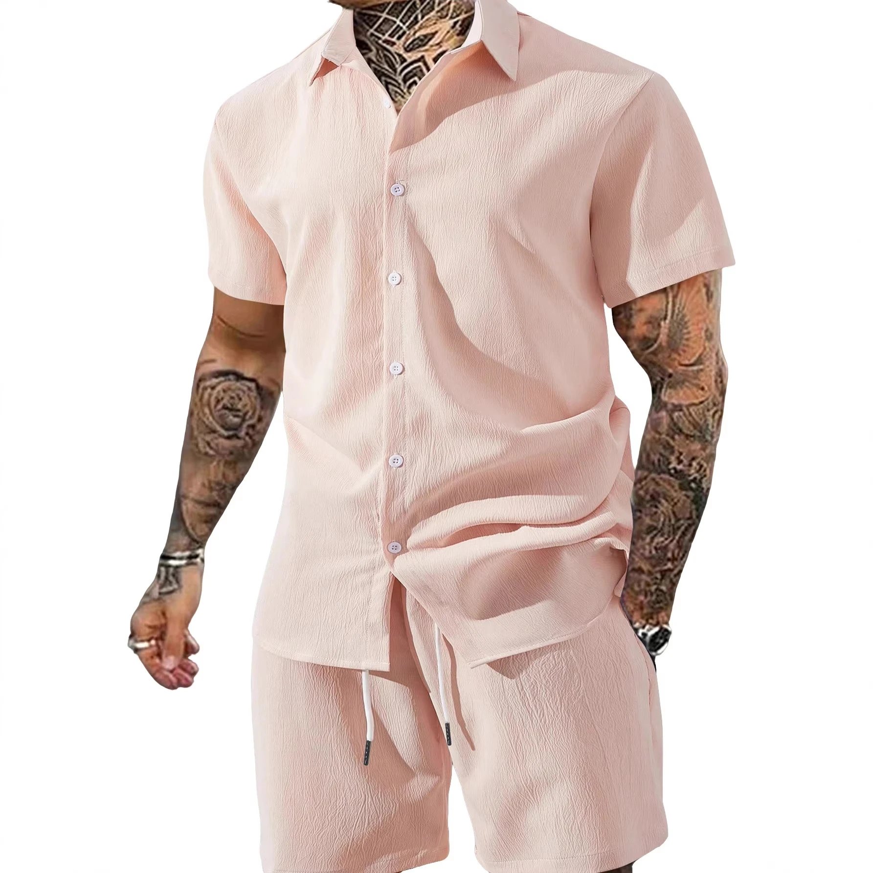 Pink Short Sleeve Button Up Shirt and Shorts Set Casual