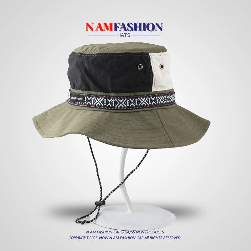 Design N AM Fashion Patchwork Bucket Hat Army Green Hats