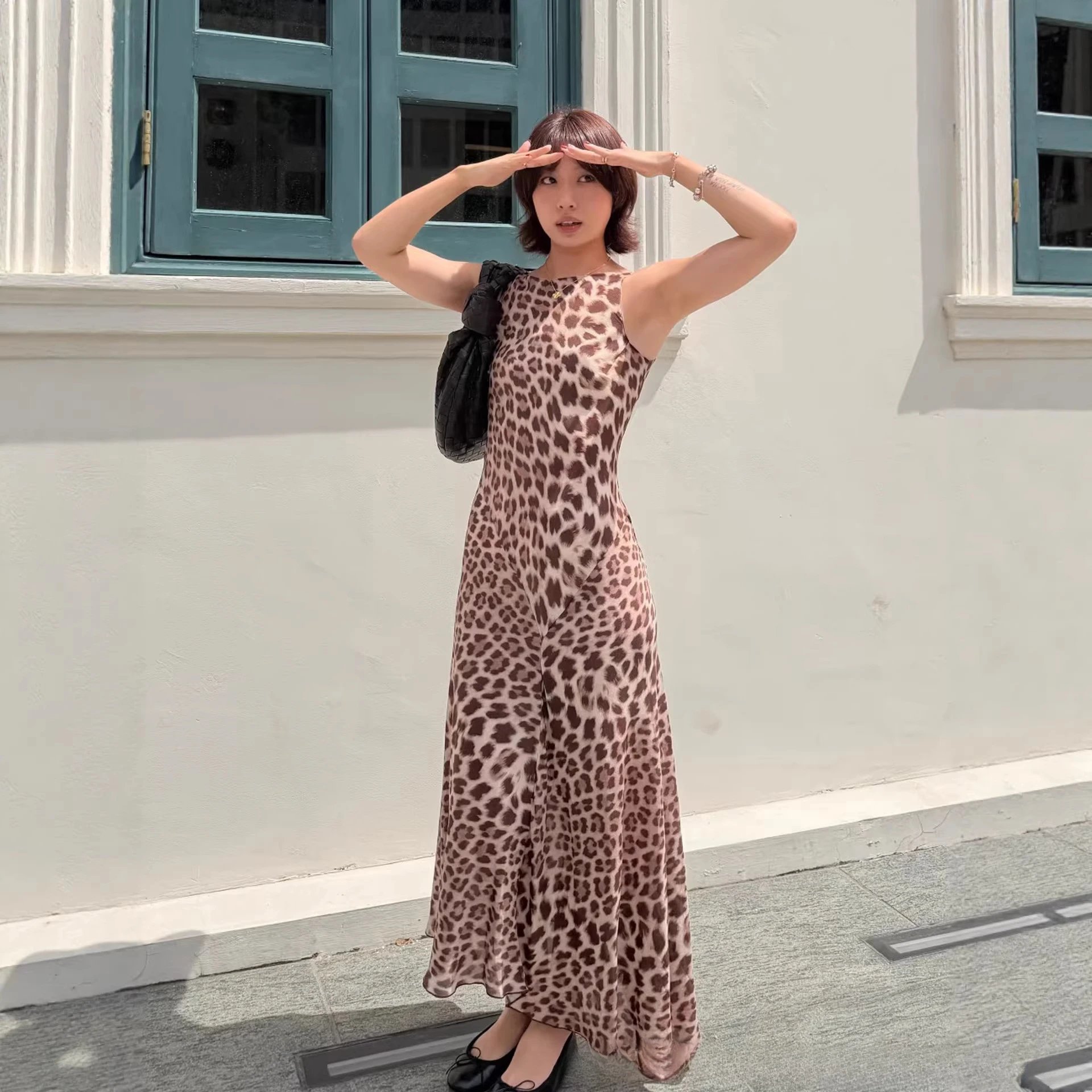 Design Leopard Print Slip Dress Beige Brown Women's Maxi Dress - 8
