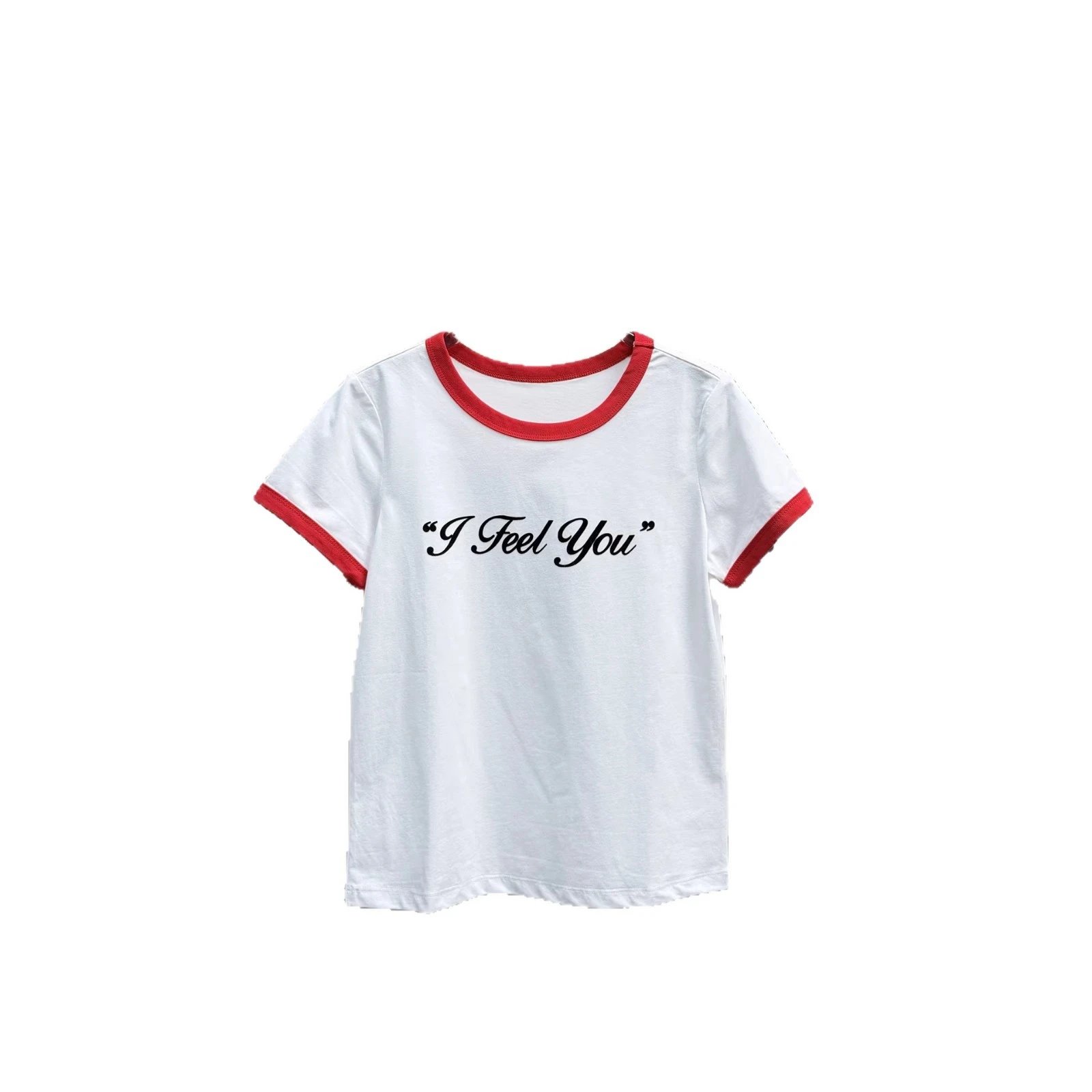 White Graphic Print Ringer T-Shirt Red Trim Casual Top