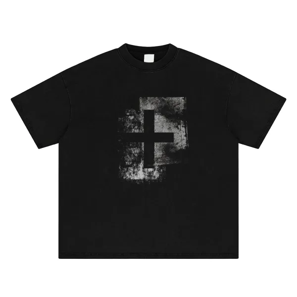 Design Cross Print Acid Wash Black Cropped T-Shirt - 15