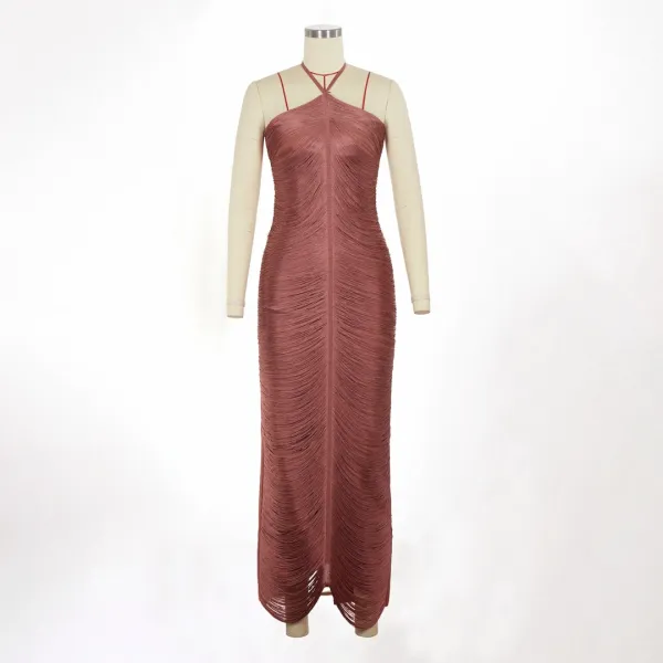 Design Pleated Halter Maxi Dress in Dusty Rose - 18