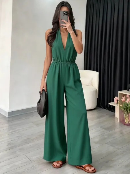 Design Halter Neck Wide-Leg Jumpsuit Black Dress - 17