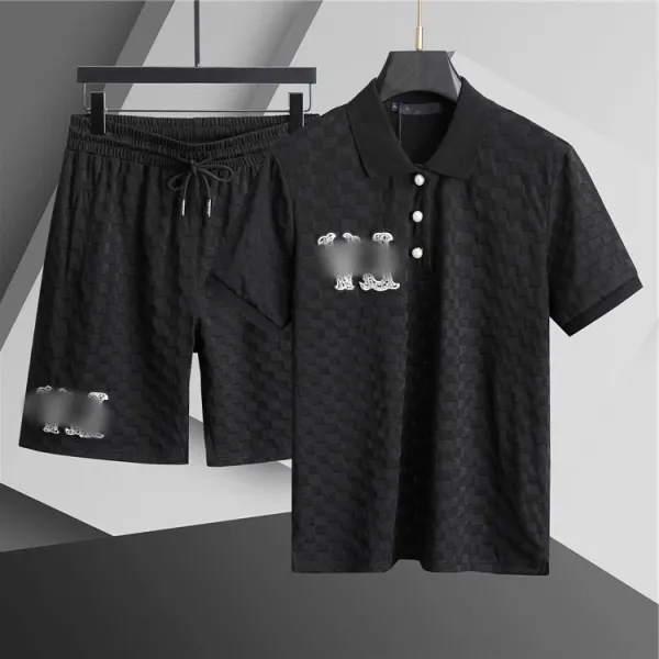 Design Checkerboard Texture Polo and Shorts Set Black - 1