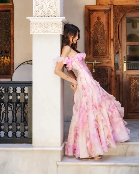 Design White Ruffled Off-Shoulder Tiered Gown Dress - 9