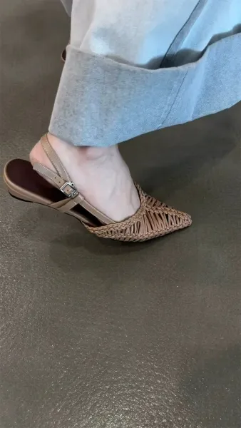 Bottega Veneta Woven Leather Slingback Flats Beige Leather Shoes - 3