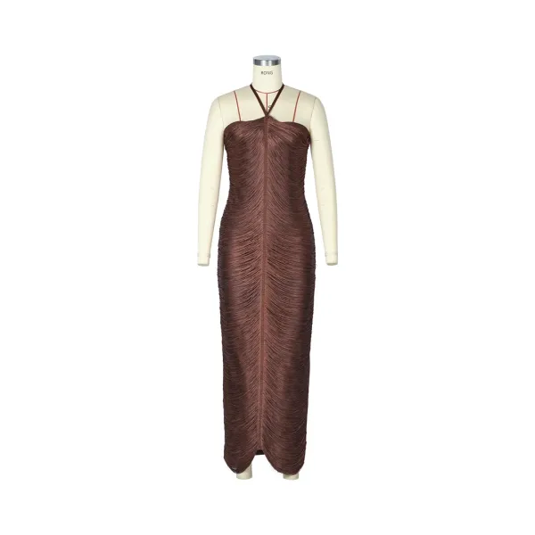 Design Pleated Halter Maxi Dress in Dusty Rose - 41