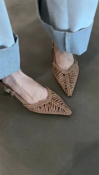 Bottega Veneta Woven Leather Slingback Flats Beige Leather Shoes - 7