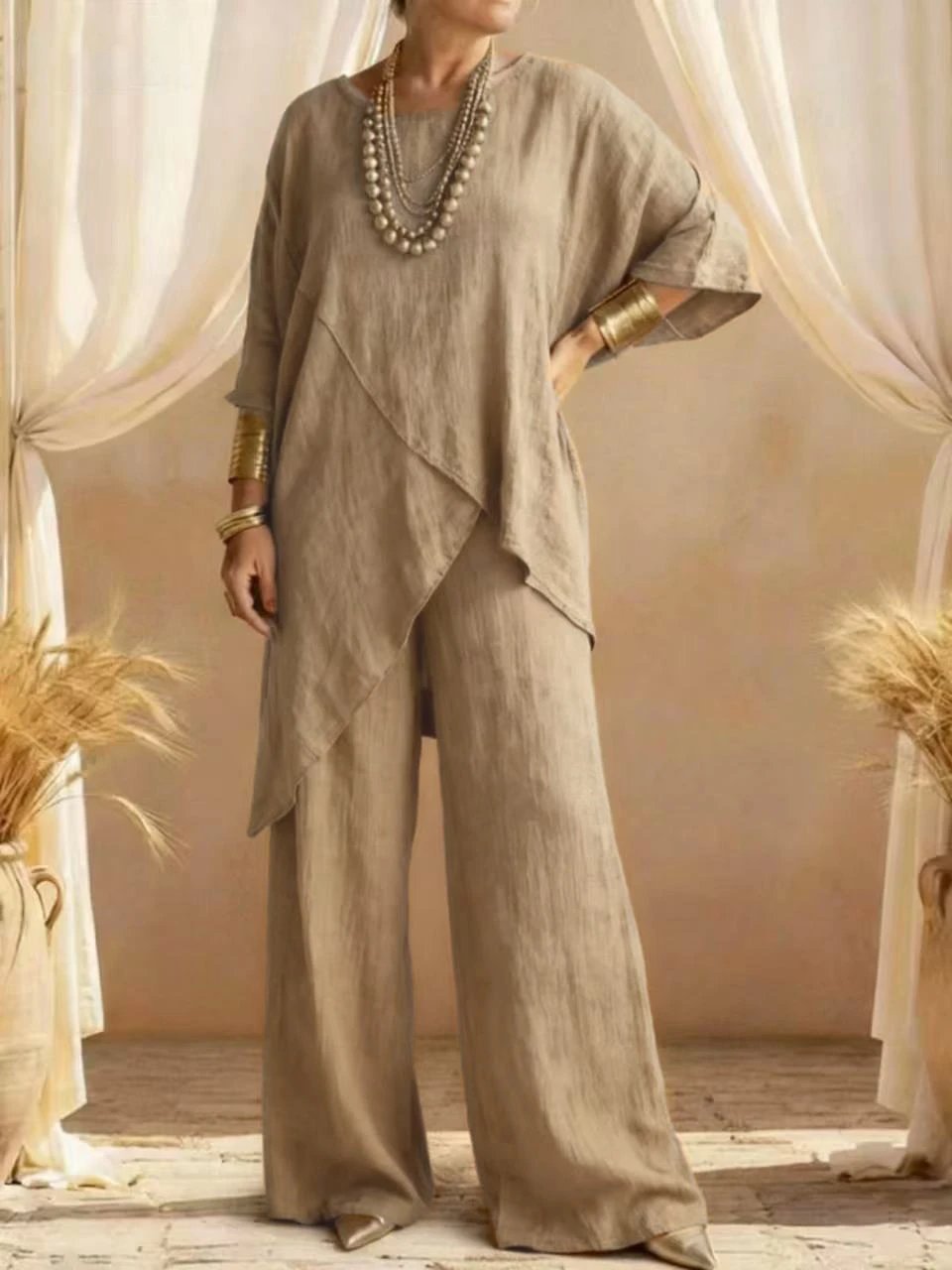 Linen Asymmetrical Tunic Top and Wide-Leg Pants Set Beige