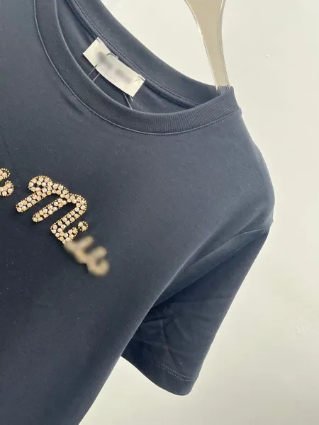 Miu Miu Embellished Logo T-Shirt Navy - 16