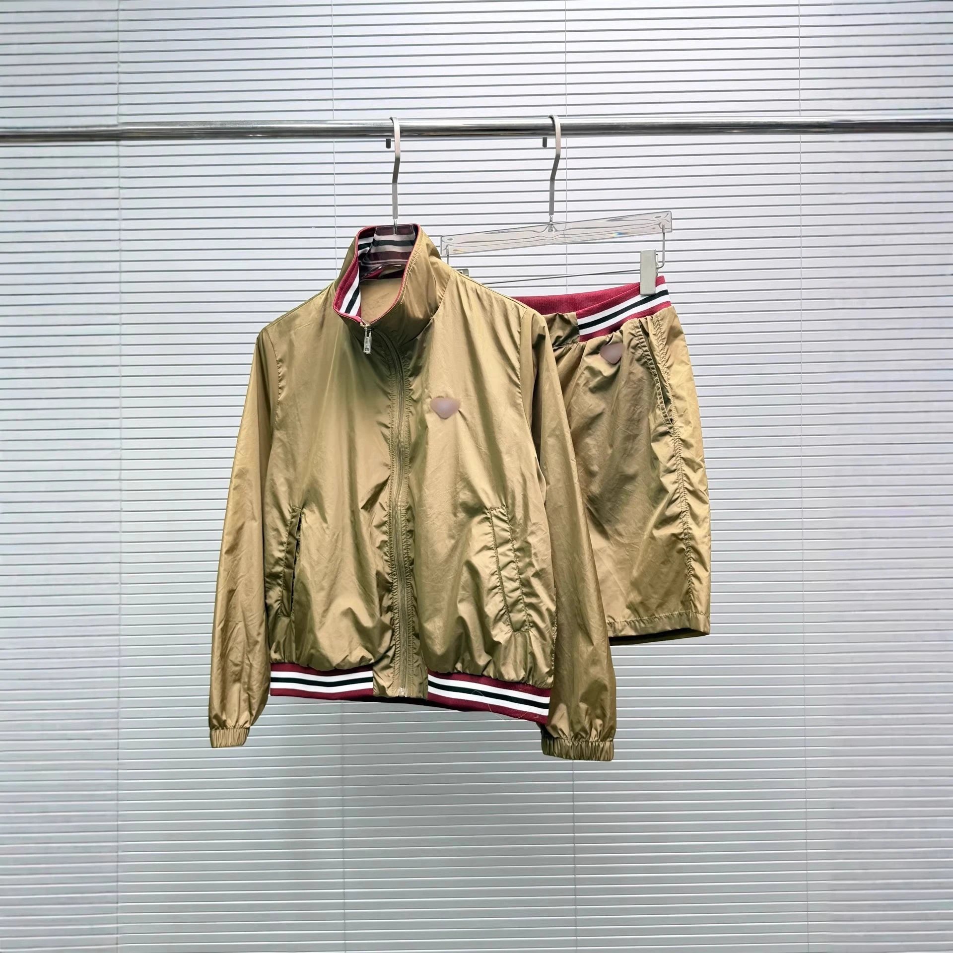 Olive Green Nylon Track Jacket and Shorts Set Sporty Two Piece Outfit