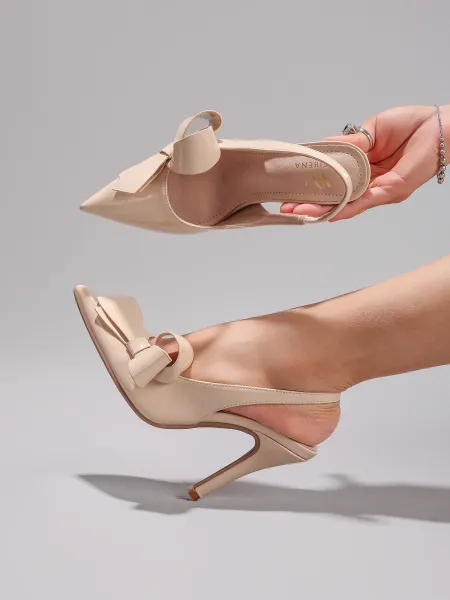 Design Bow Detail Nude Patent Leather Slingback Stilettos - 12
